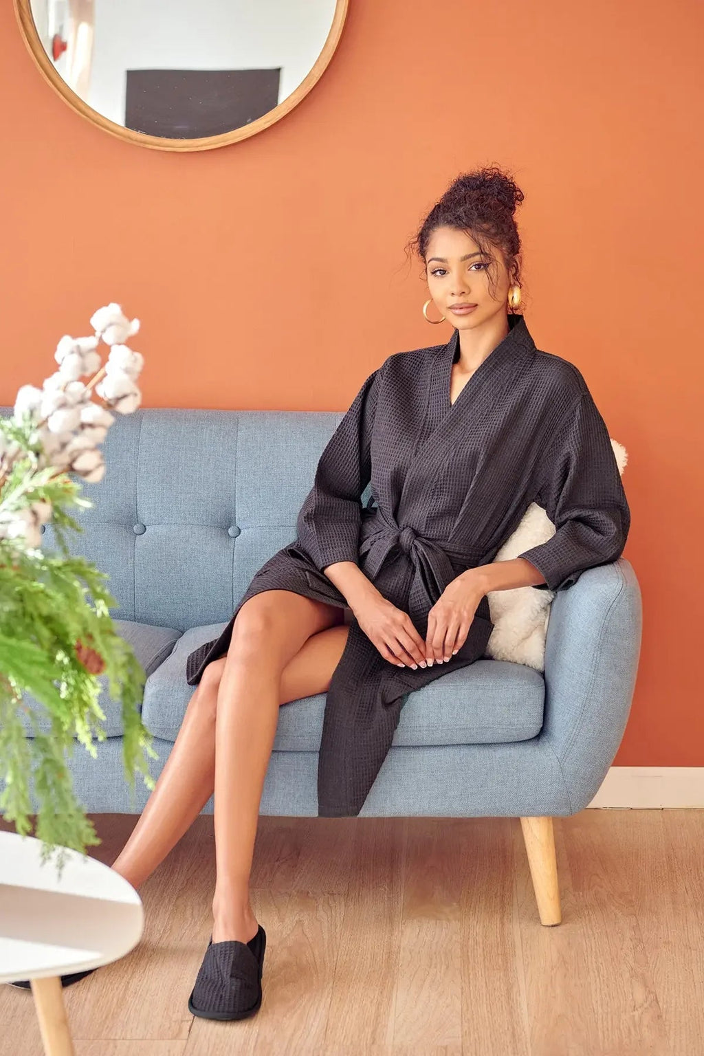 Women's Waffle Weave Cotton Robe — Knee-Length Spa Robe