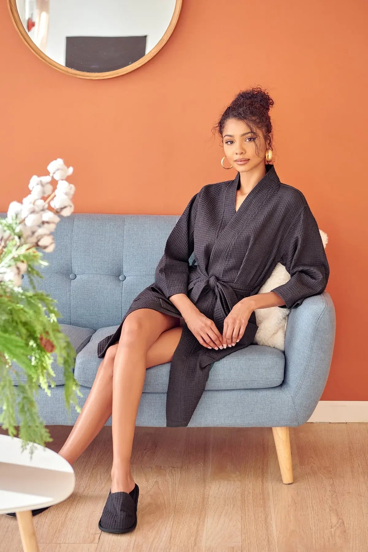 Women's Waffle Weave Cotton Robe — Knee-Length Spa Robe