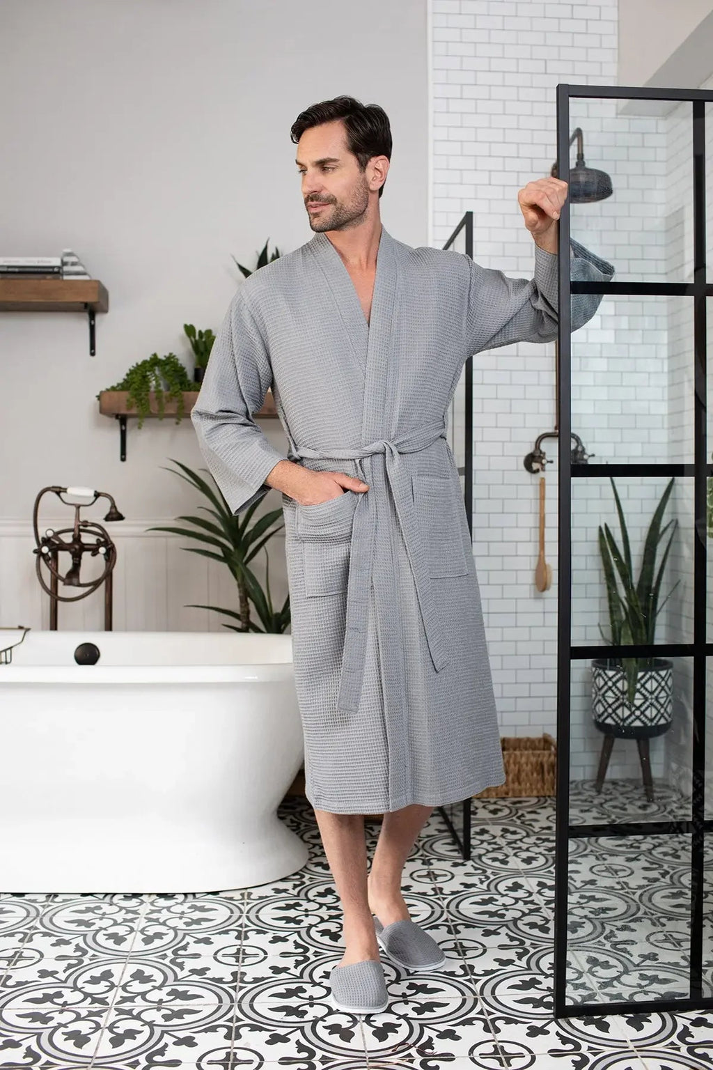 Men's Waffle Weave Kimono Robe — Lightweight Spa Bathrobe