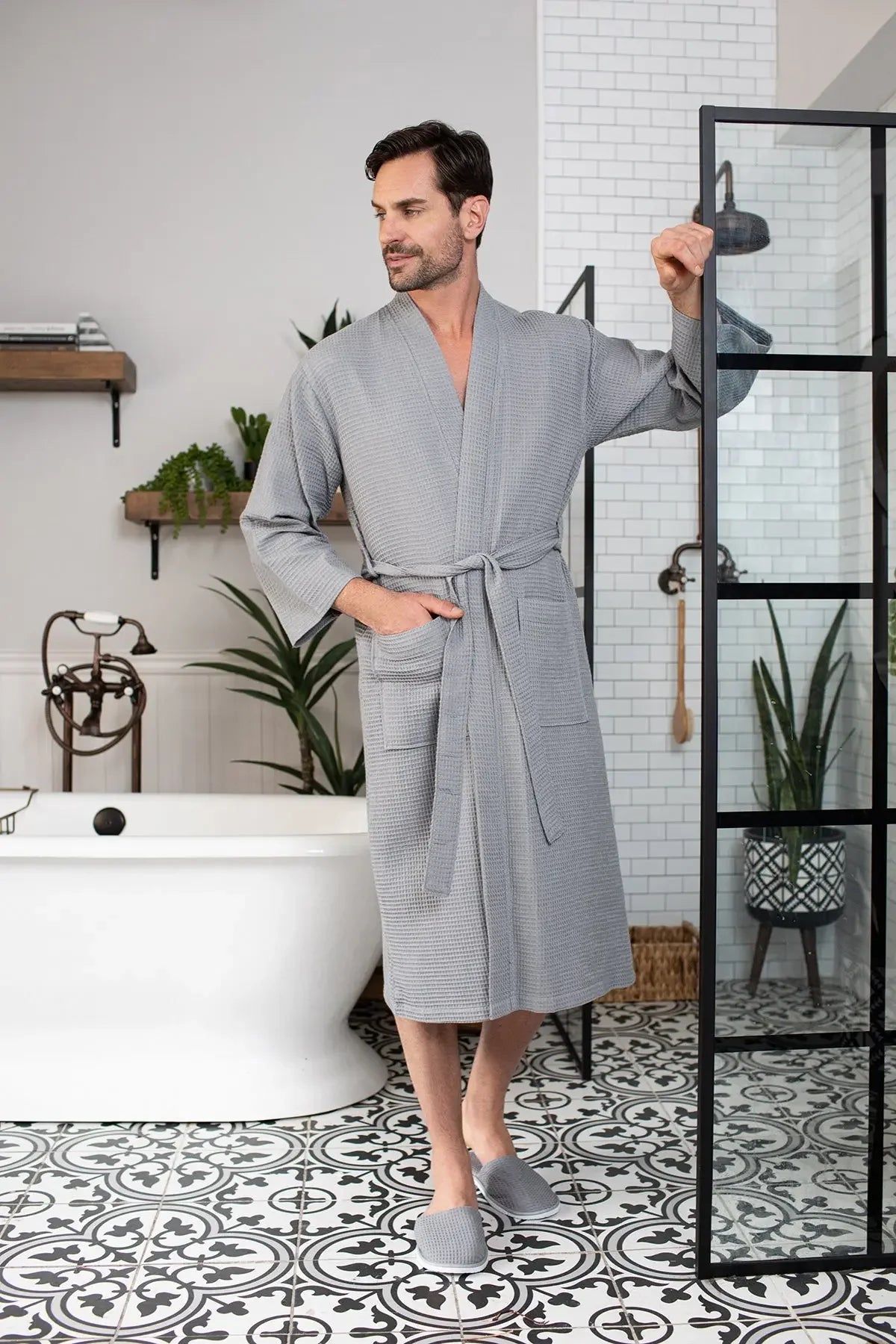 Men's Waffle Weave Kimono Robe — Lightweight Spa Bathrobe