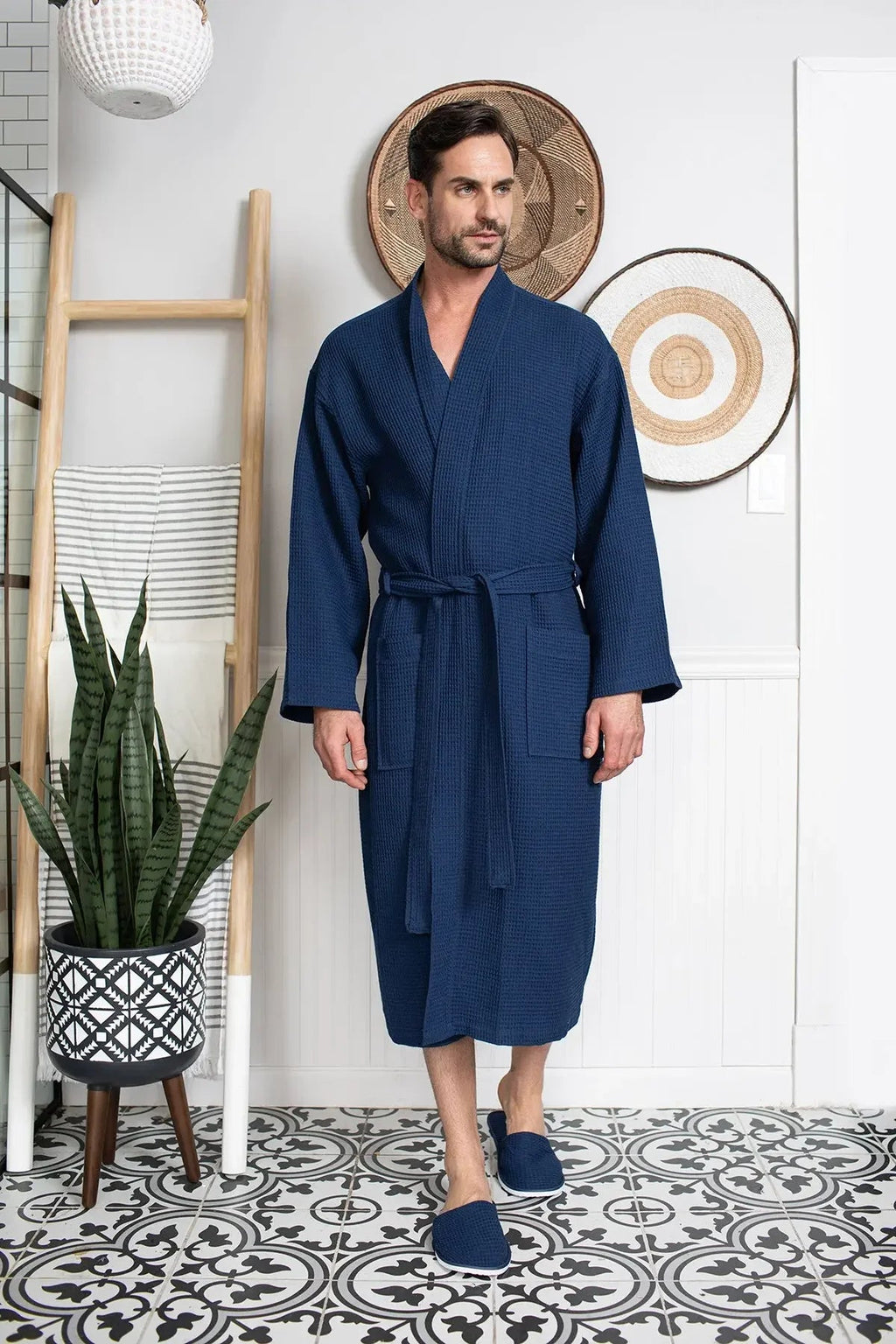 Men's Waffle Weave Kimono Robe — Lightweight Spa Bathrobe