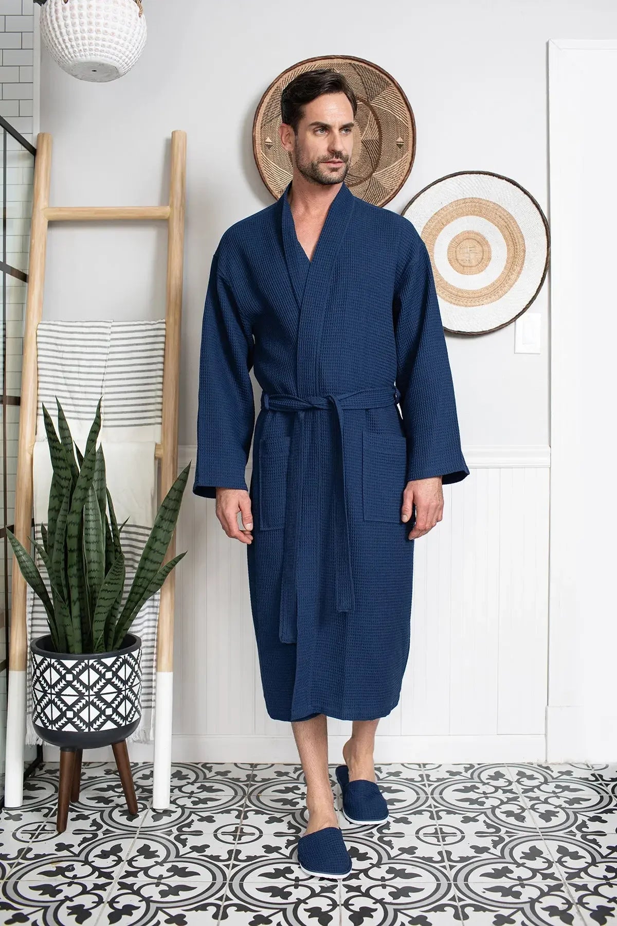 Men's Waffle Weave Kimono Robe — Lightweight Spa Bathrobe