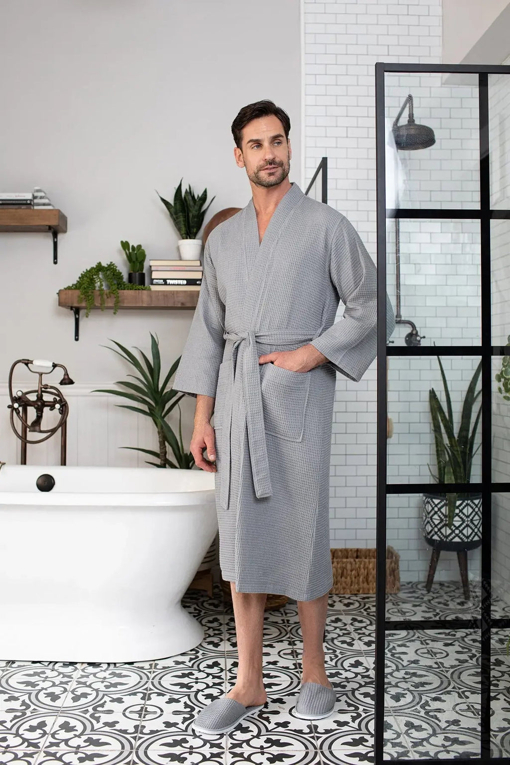 Men's Waffle Weave Kimono Robe — Lightweight Spa Bathrobe