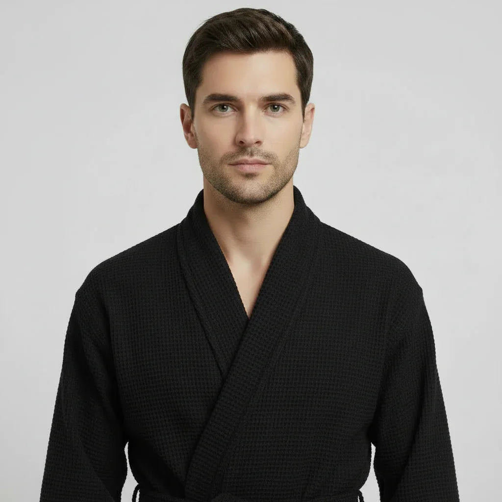 Men's Waffle Weave Kimono Robe — Lightweight Spa Bathrobe