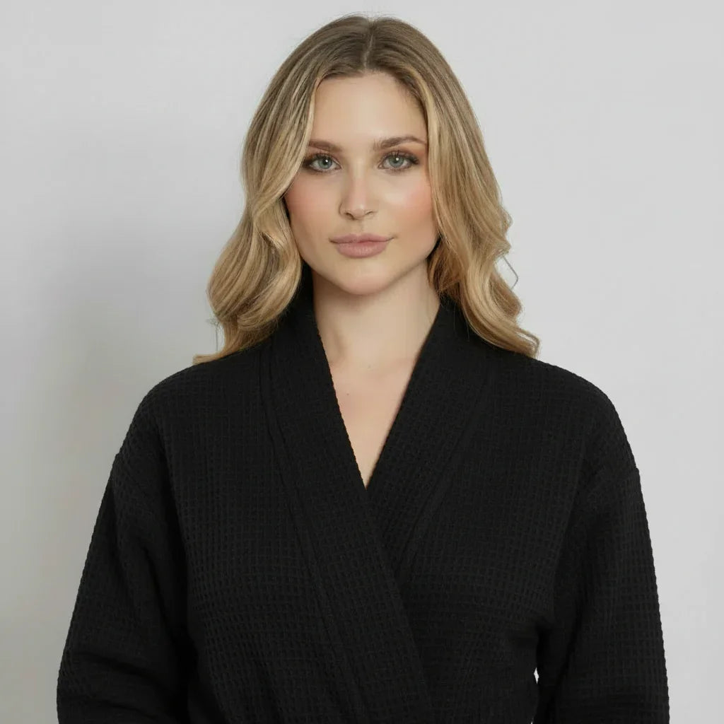 Women's Waffle Weave Cotton Robe — Knee-Length Spa Robe