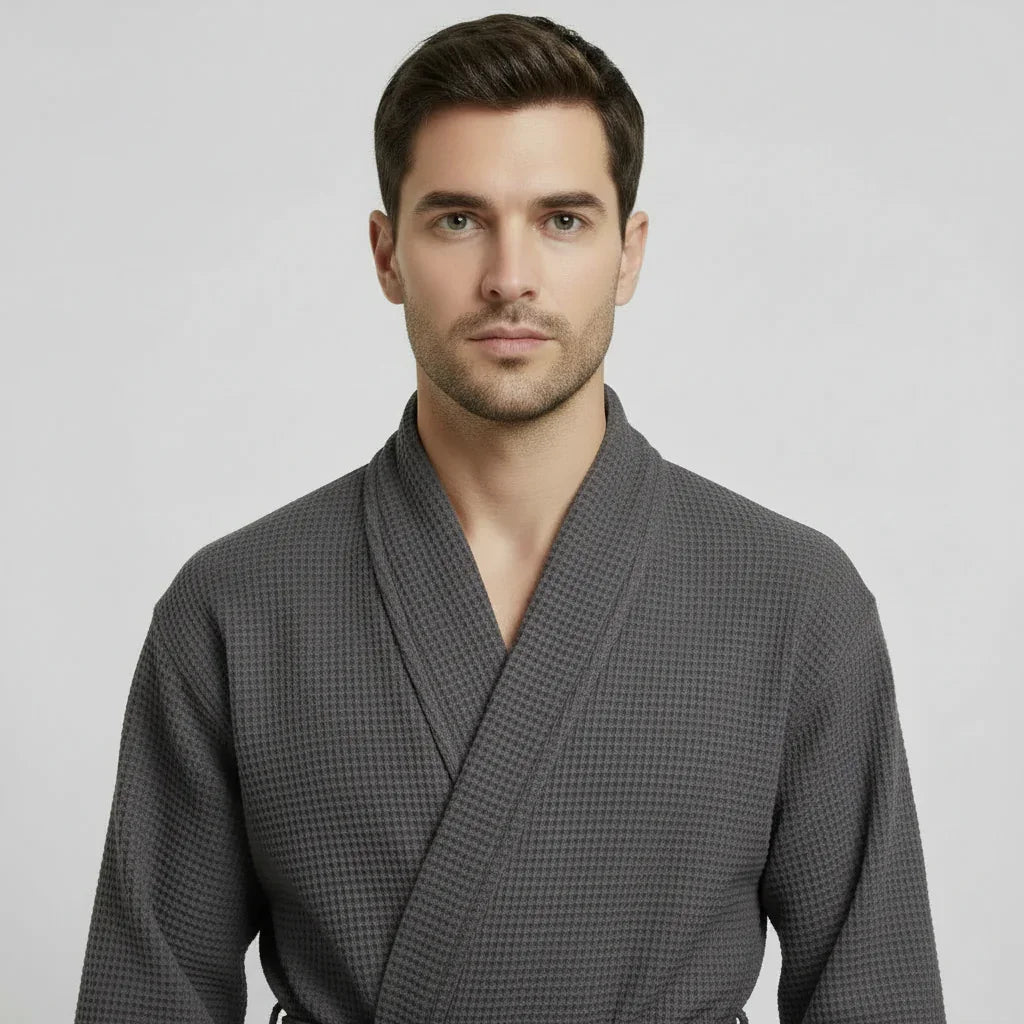 Men's Waffle Weave Kimono Robe — Lightweight Spa Bathrobe