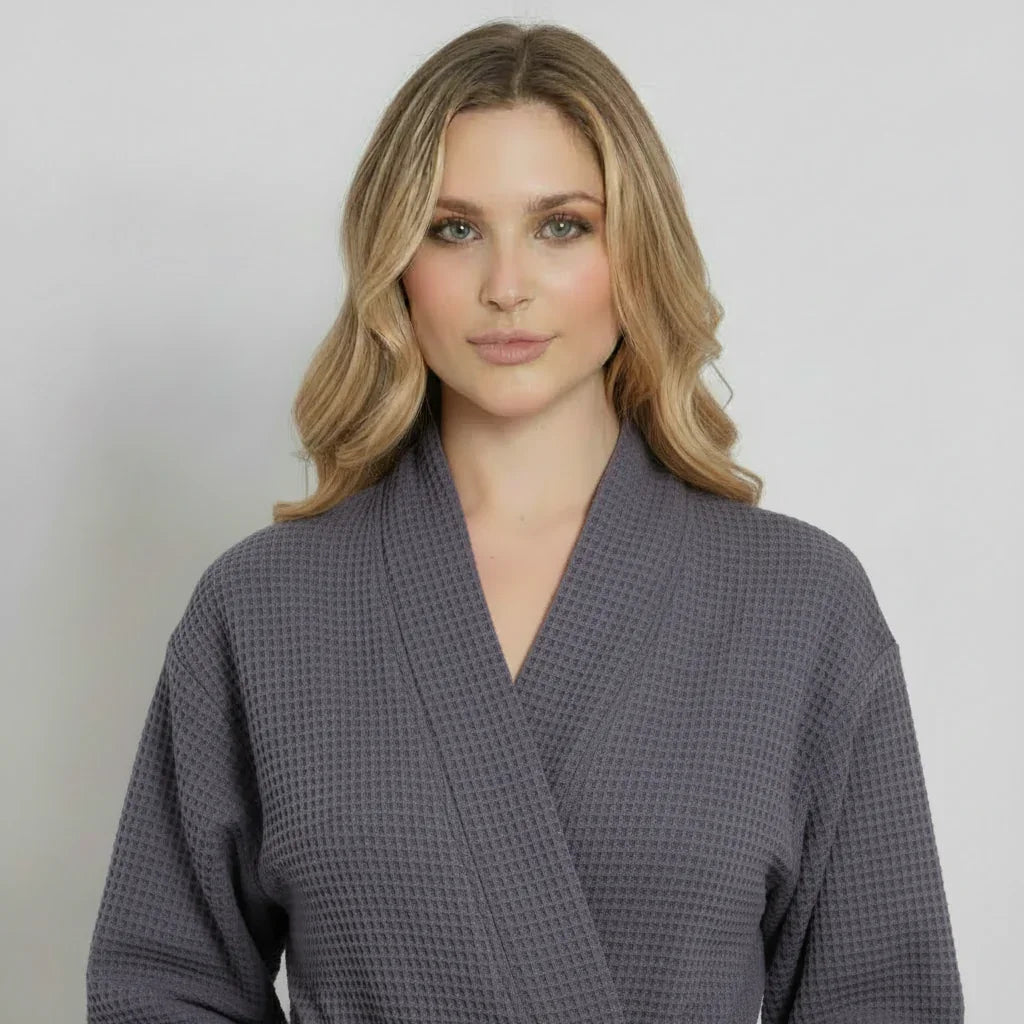 Women's Waffle Weave Cotton Robe — Knee-Length Spa Robe