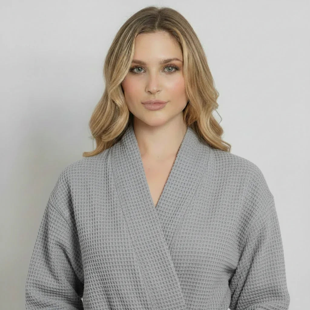 Women's Waffle Weave Cotton Robe — Knee-Length Spa Robe