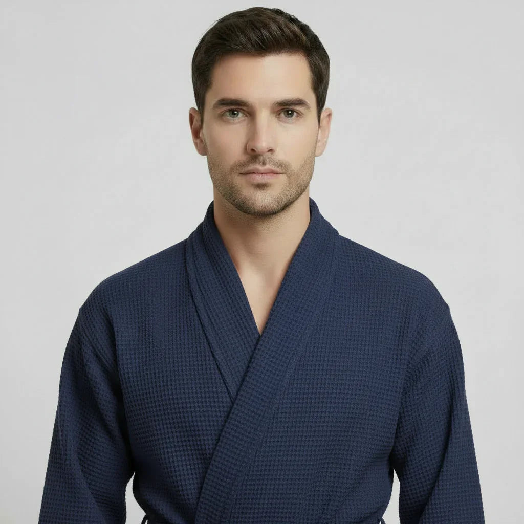 Men's Waffle Weave Kimono Robe — Lightweight Spa Bathrobe