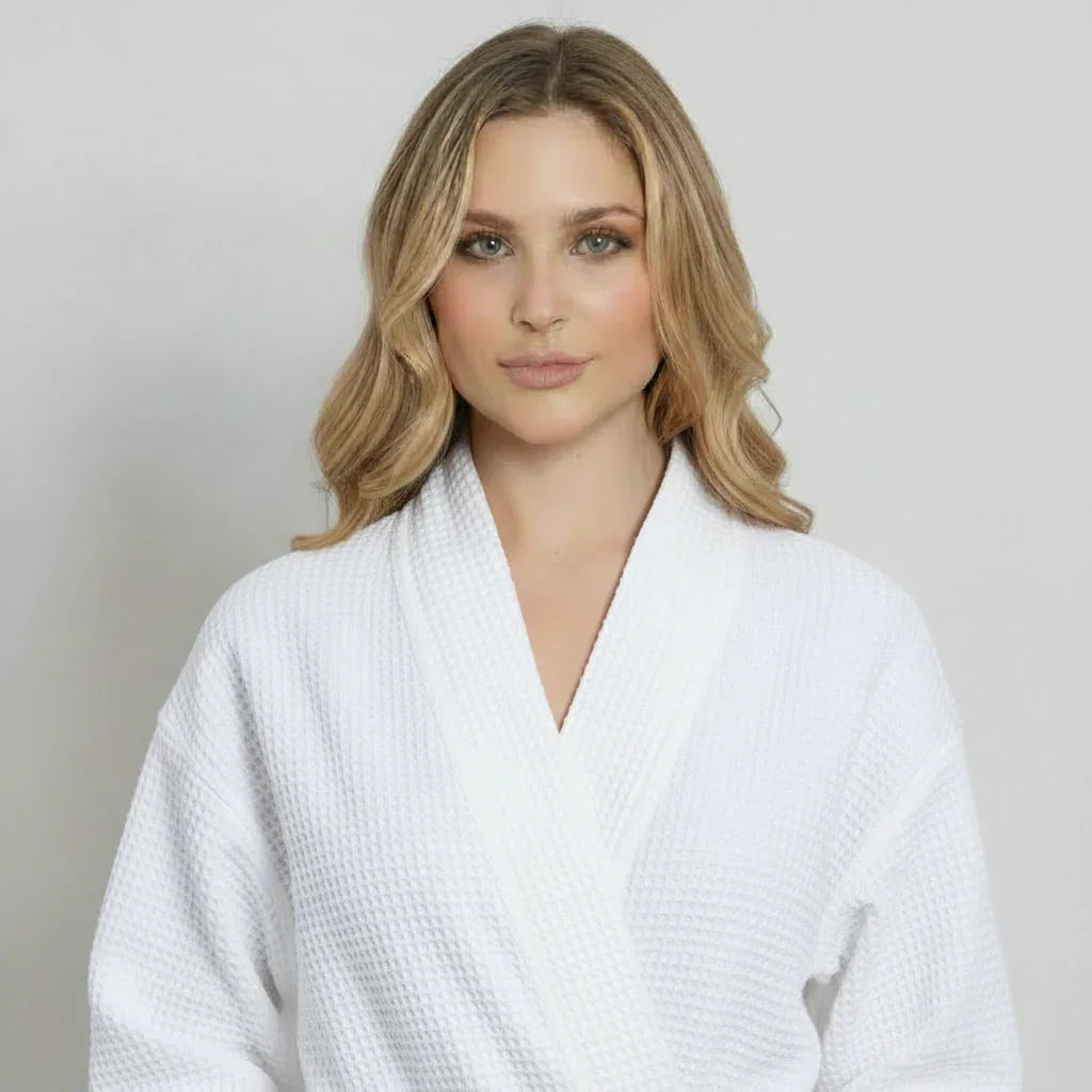 Women's Waffle Weave Cotton Robe — Knee-Length Spa Robe