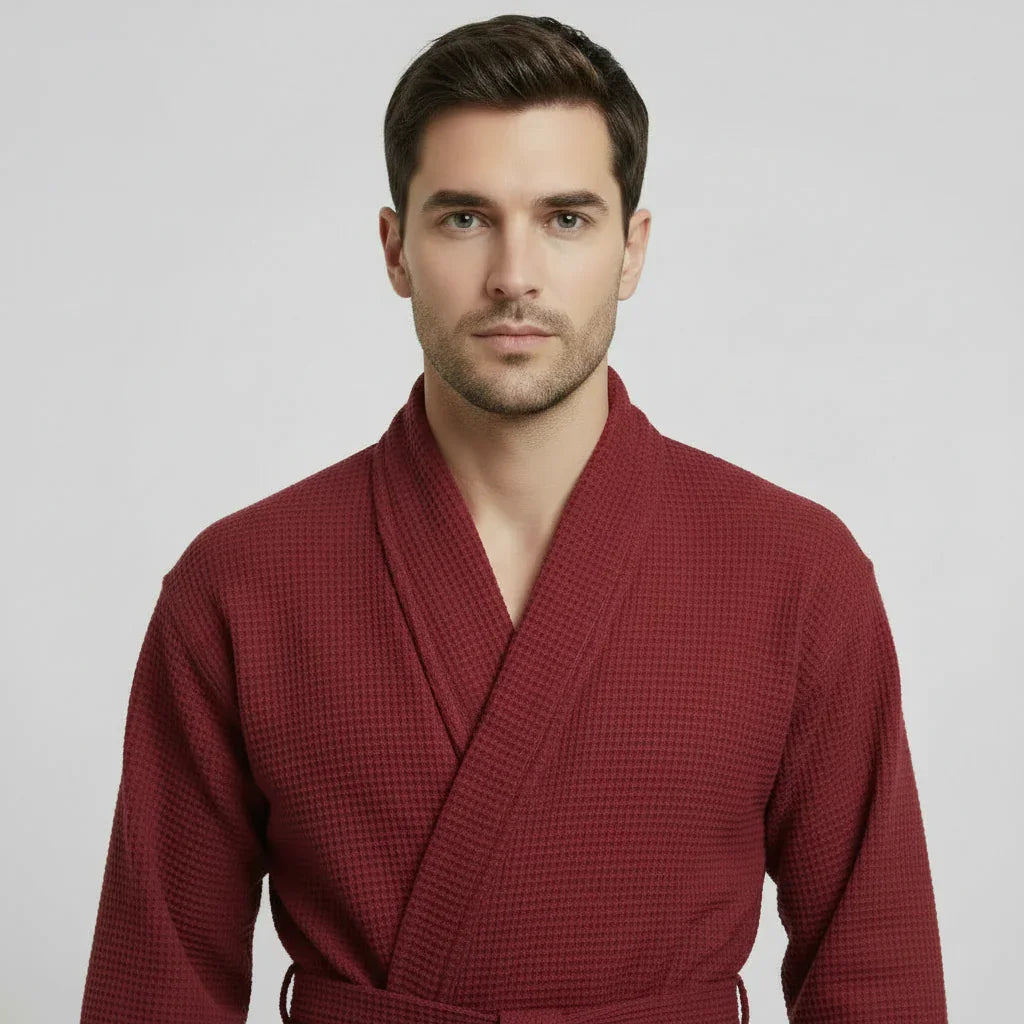 Men's Waffle Weave Kimono Robe — Lightweight Spa Bathrobe