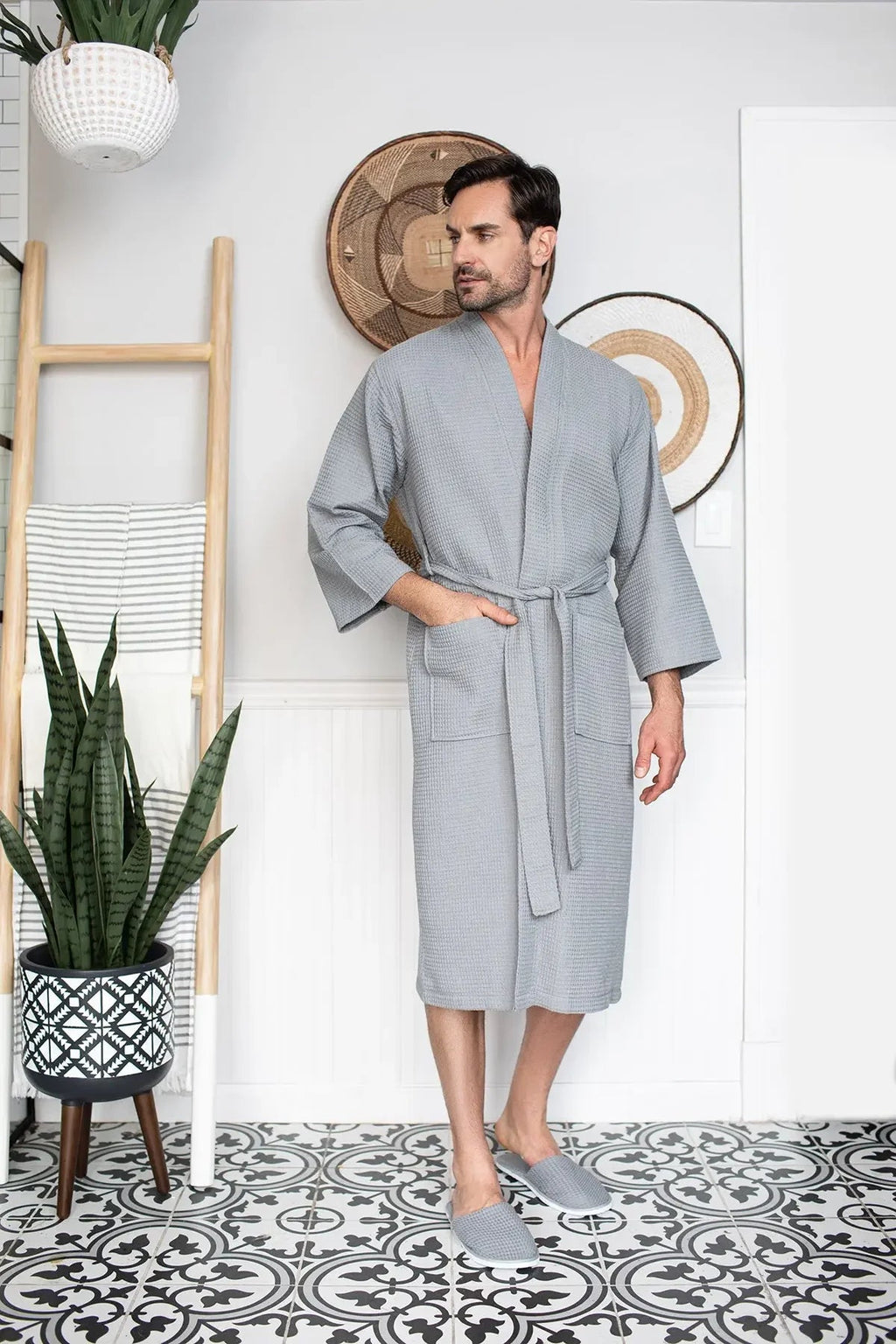 Men's Waffle Weave Kimono Robe — Lightweight Spa Bathrobe