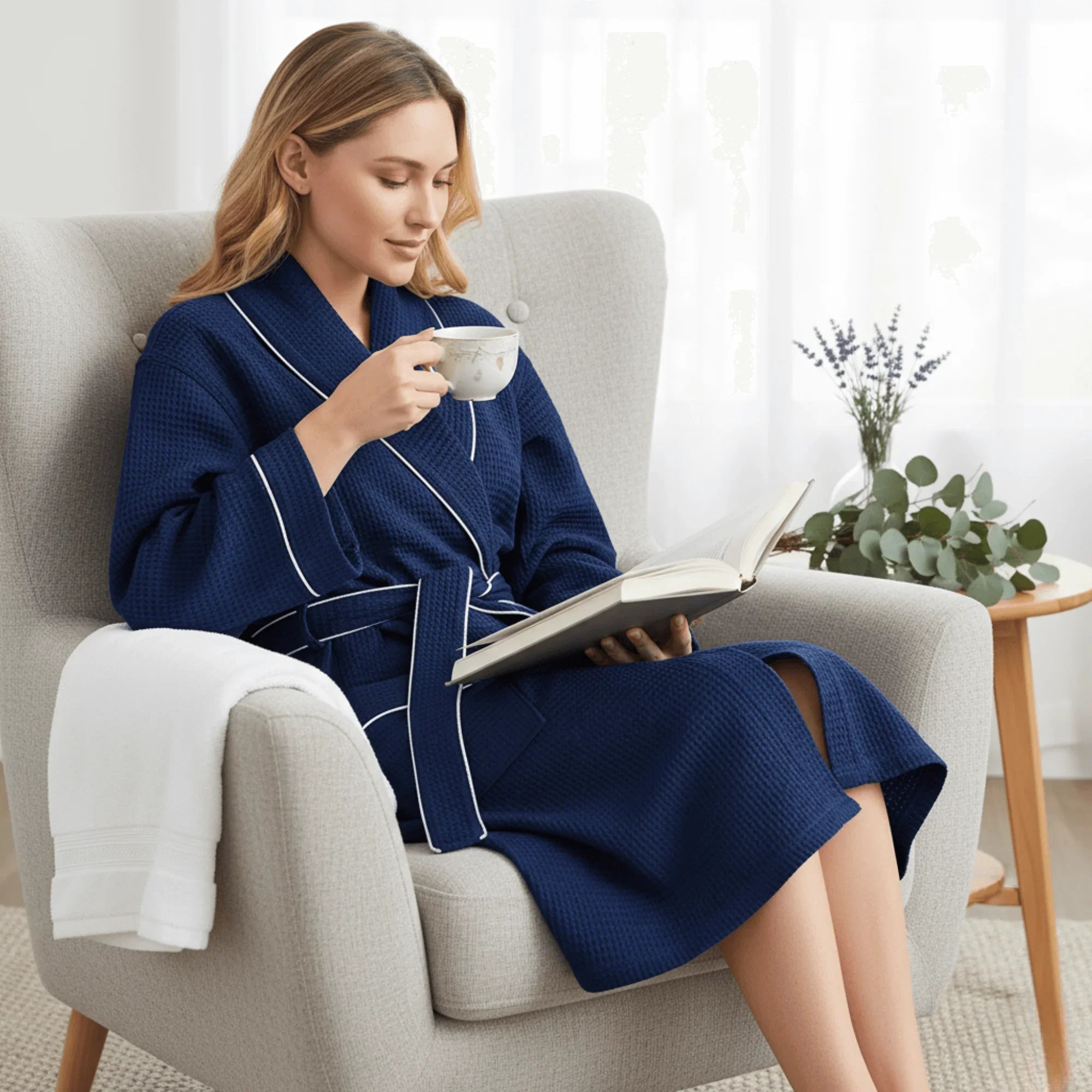 Women's Waffle Weave Cotton Robe — Knee-Length Spa Robe
