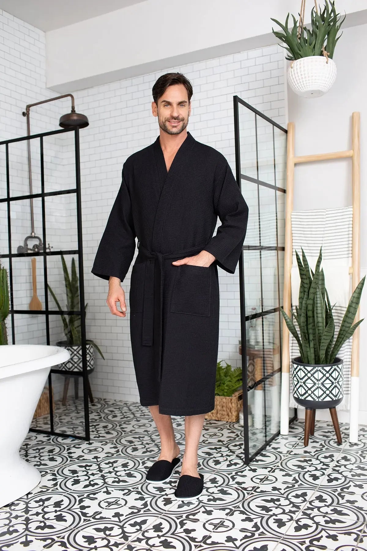 Men's Waffle Weave Kimono Robe — Lightweight Spa Bathrobe