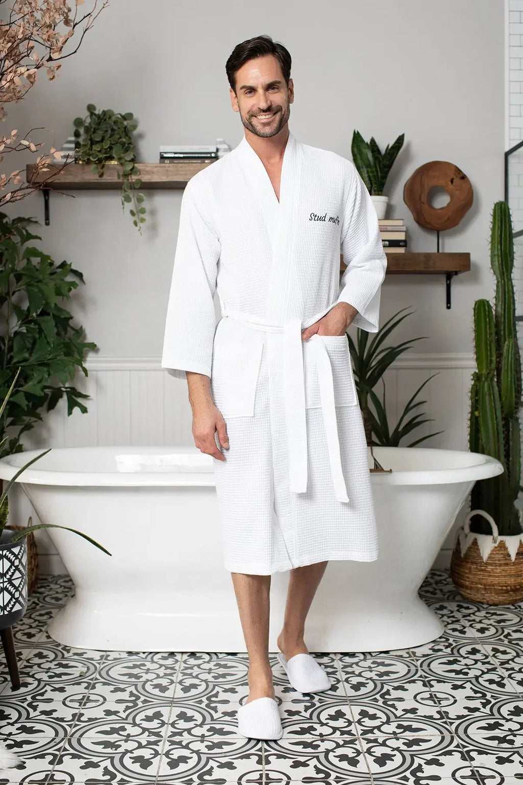 Men's Waffle Weave Kimono Robe — Lightweight Spa Bathrobe