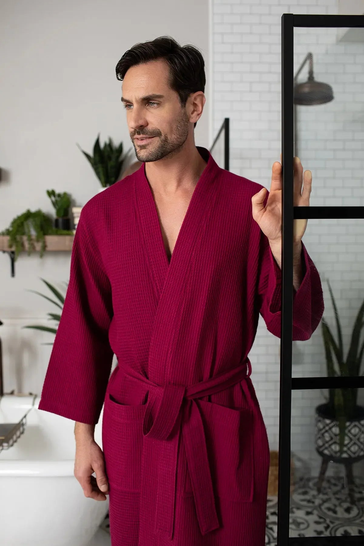 Men's Waffle Weave Kimono Robe — Lightweight Spa Bathrobe