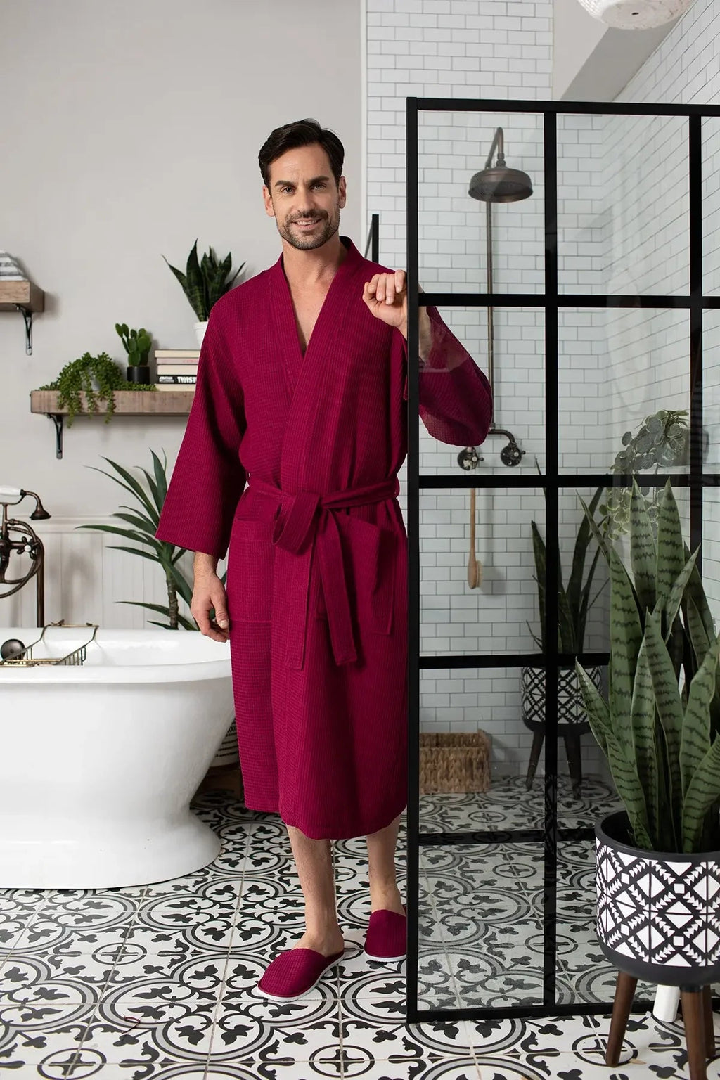 Men's Waffle Weave Kimono Robe — Lightweight Spa Bathrobe