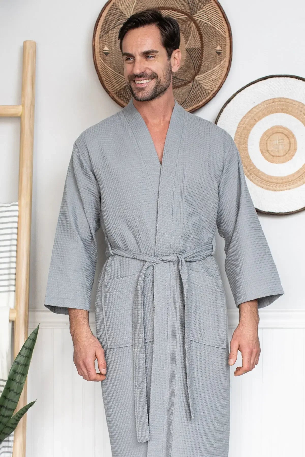 Men's Waffle Weave Kimono Robe — Lightweight Spa Bathrobe