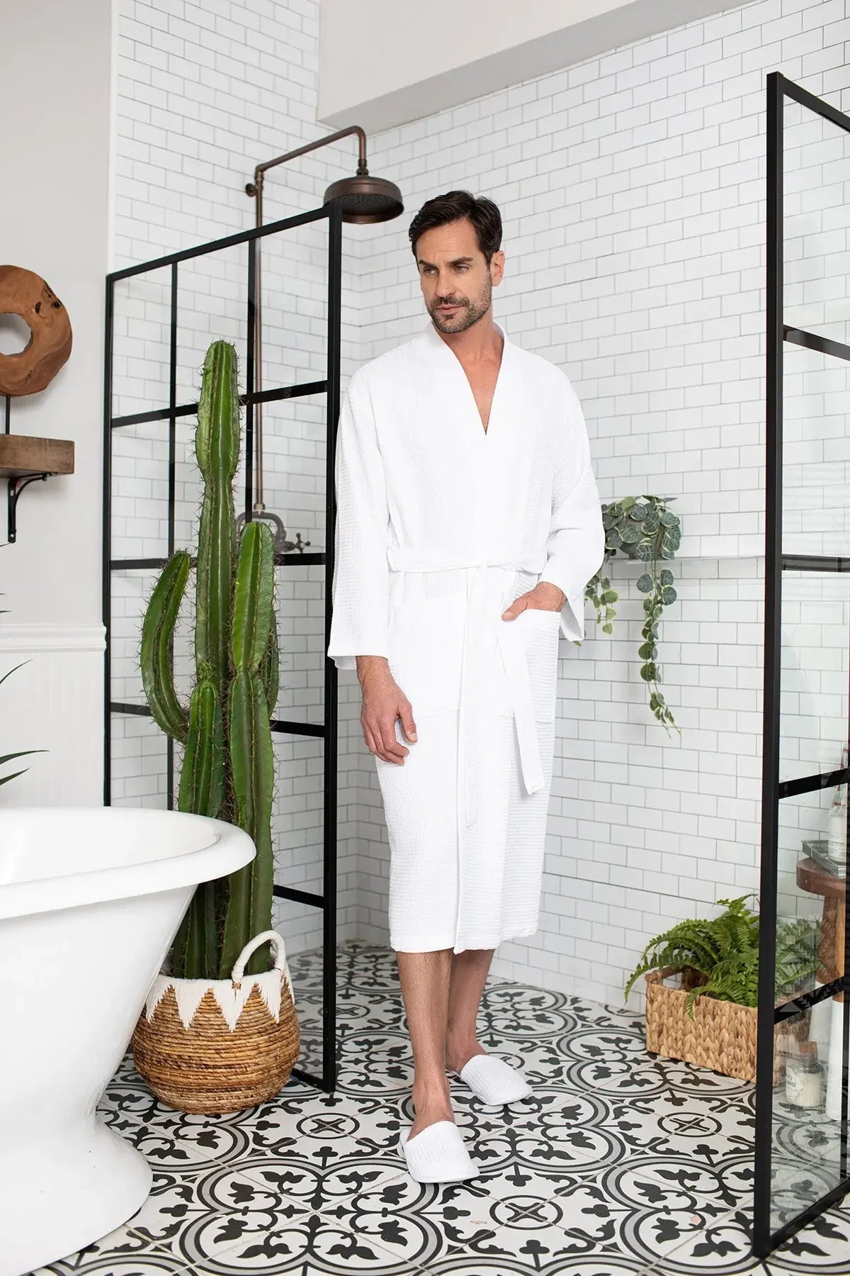 Men's Waffle Weave Kimono Robe — Lightweight Spa Bathrobe