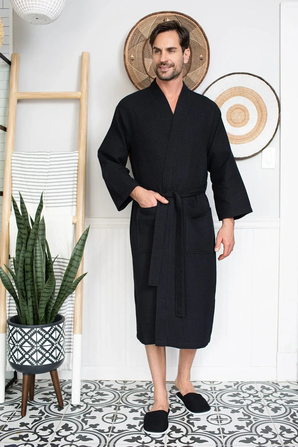 Men's Waffle Weave Kimono Robe — Lightweight Spa Bathrobe