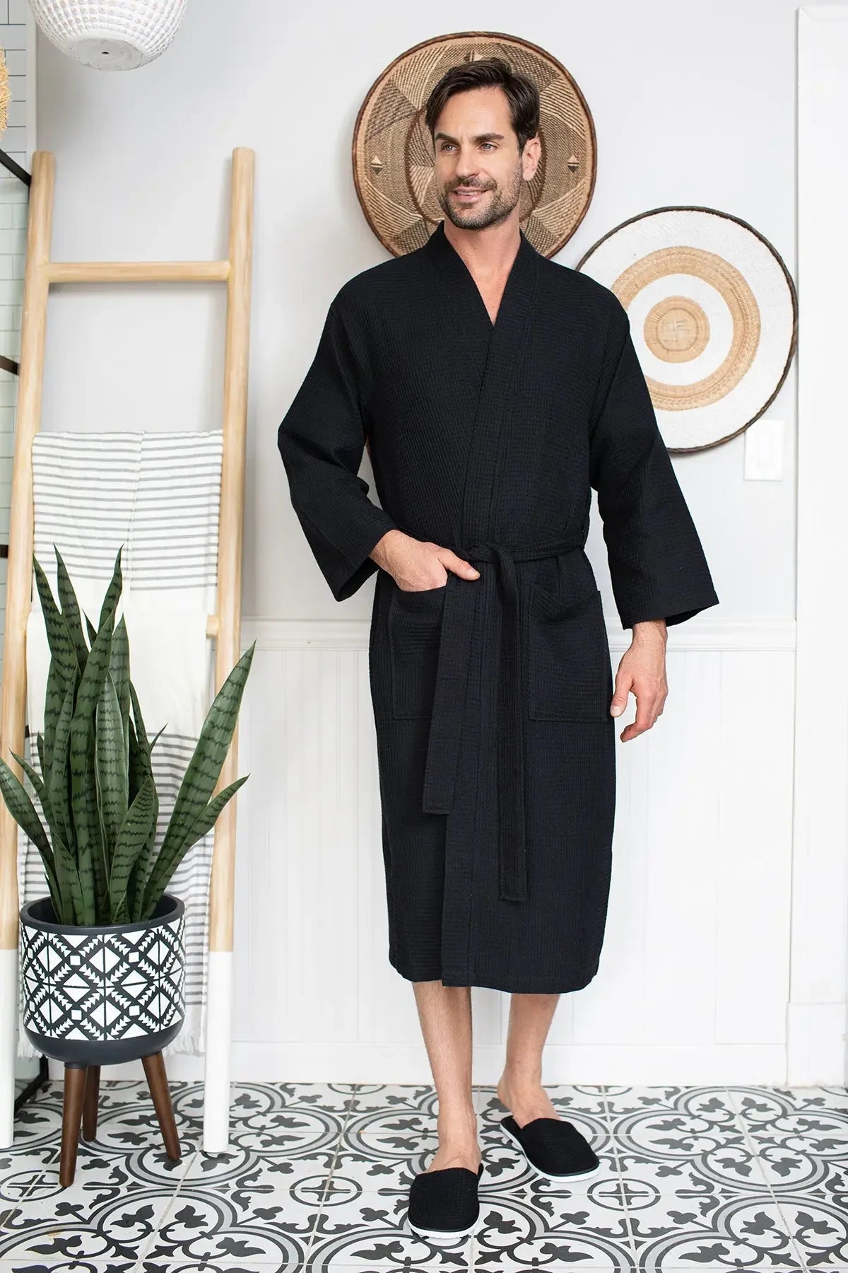 Men's Waffle Weave Kimono Robe — Lightweight Spa Bathrobe