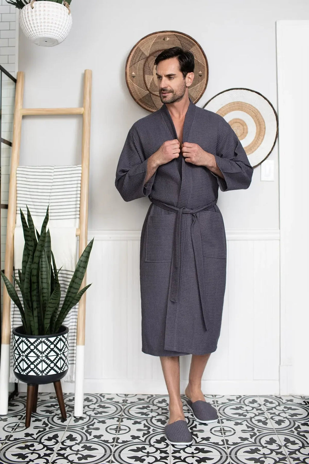 Men's Waffle Weave Kimono Robe — Lightweight Spa Bathrobe
