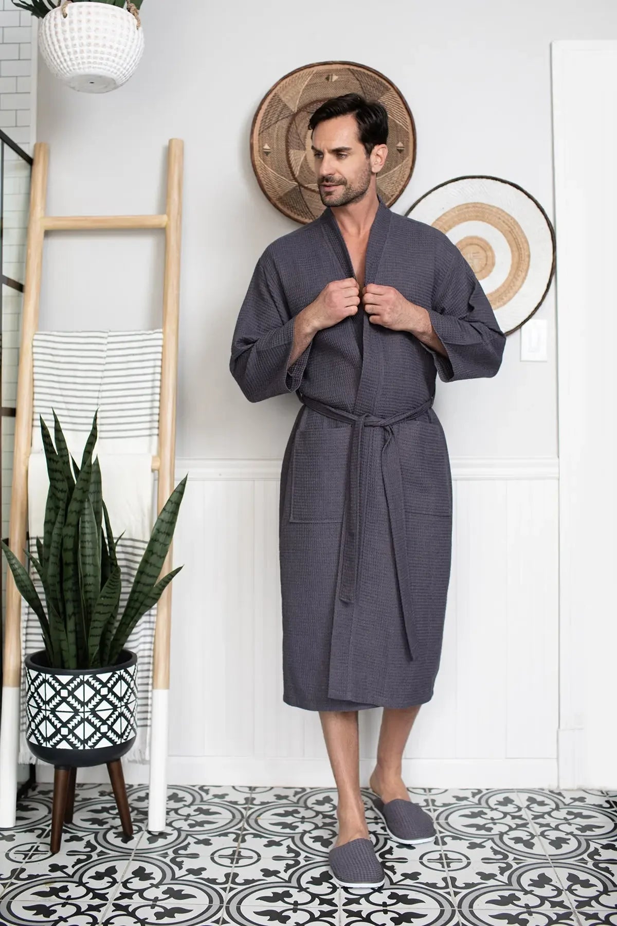 Men's Waffle Weave Kimono Robe — Lightweight Spa Bathrobe