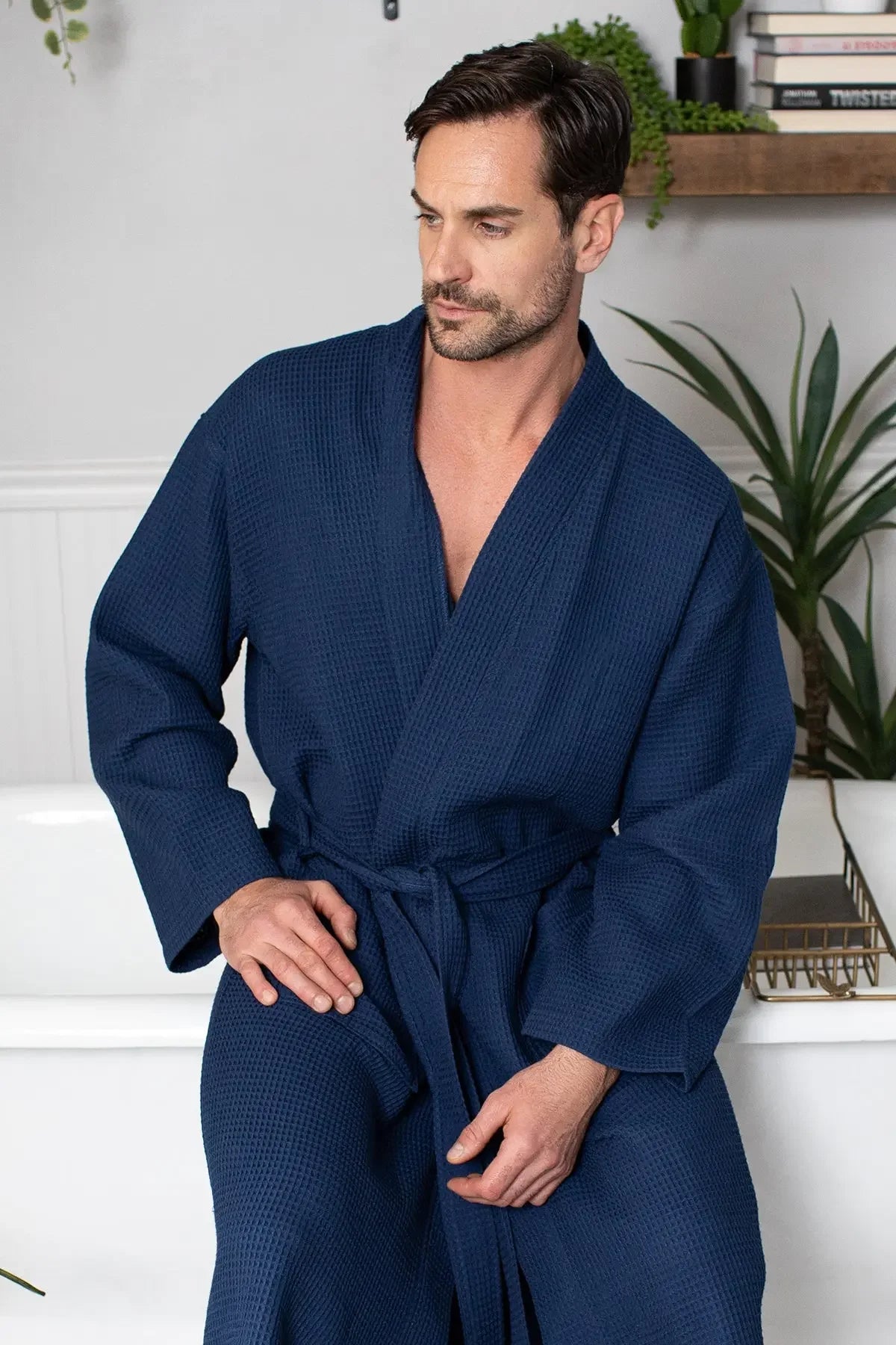 Men's Waffle Weave Kimono Robe — Lightweight Spa Bathrobe
