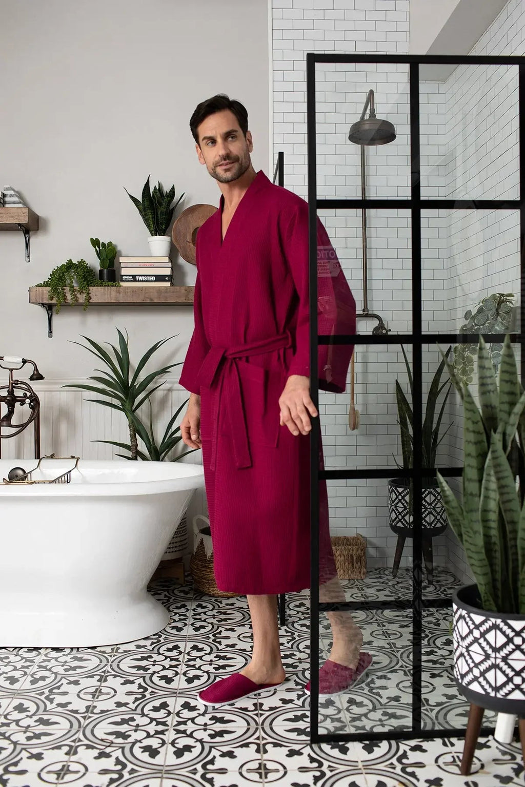 Men's Waffle Weave Kimono Robe — Lightweight Spa Bathrobe