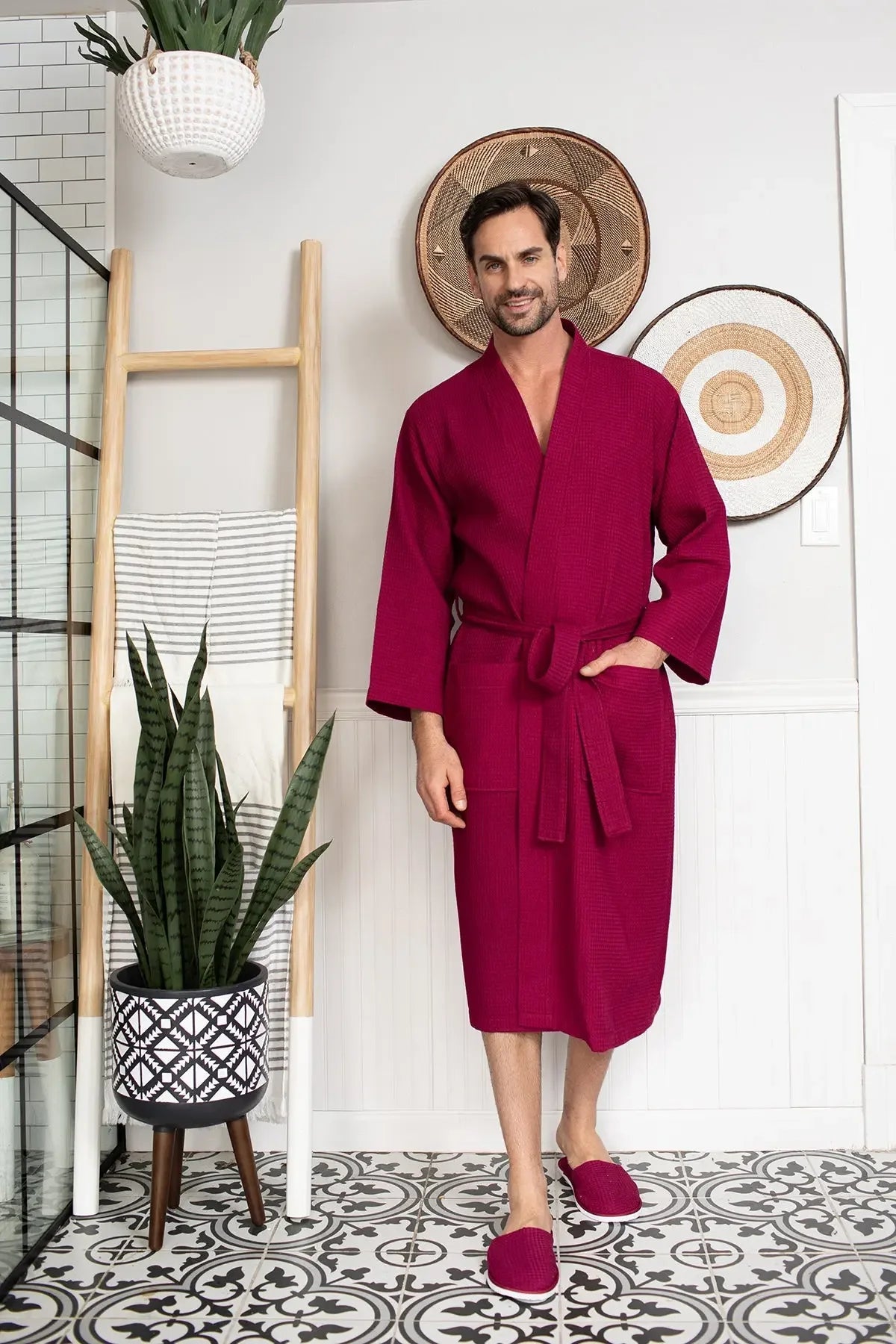 Men's Waffle Weave Kimono Robe — Lightweight Spa Bathrobe