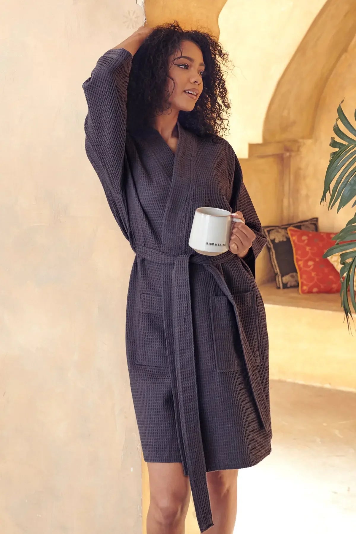 Women's Waffle Weave Cotton Robe — Knee-Length Spa Robe