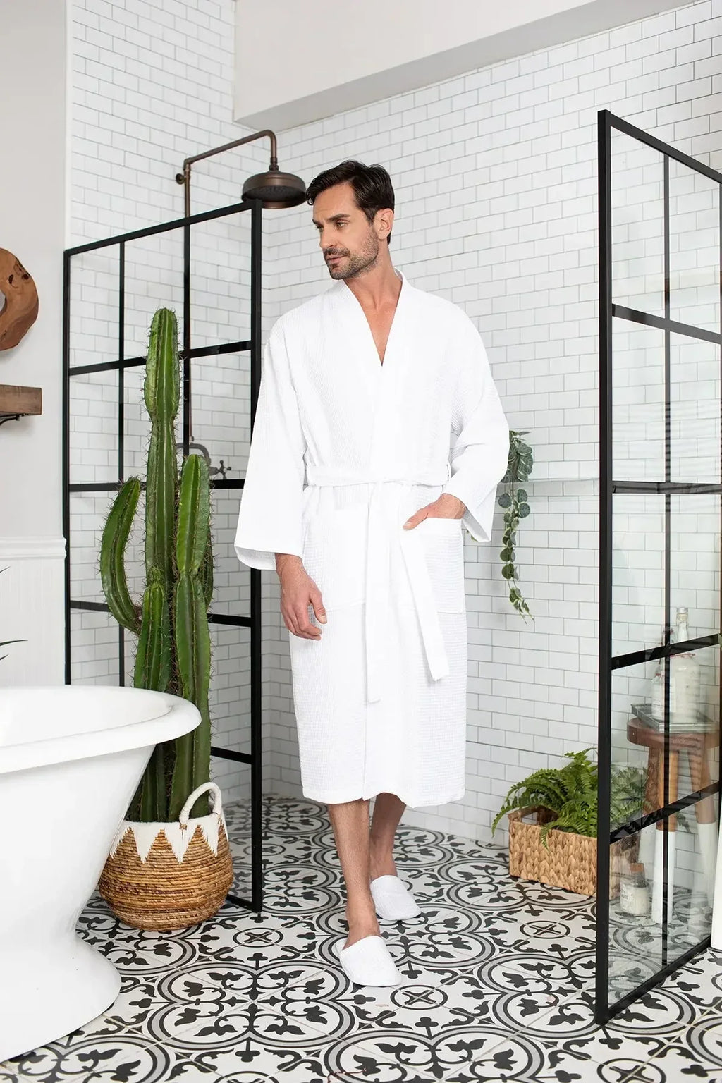 Men's Waffle Weave Kimono Robe — Lightweight Spa Bathrobe