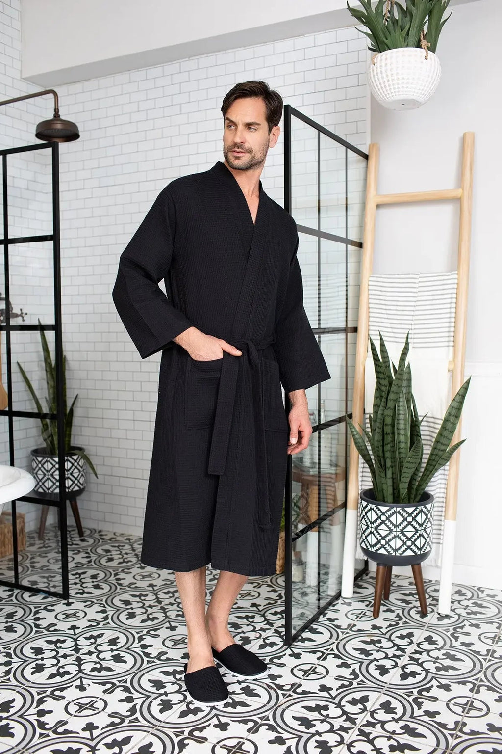 Men's Waffle Weave Kimono Robe — Lightweight Spa Bathrobe
