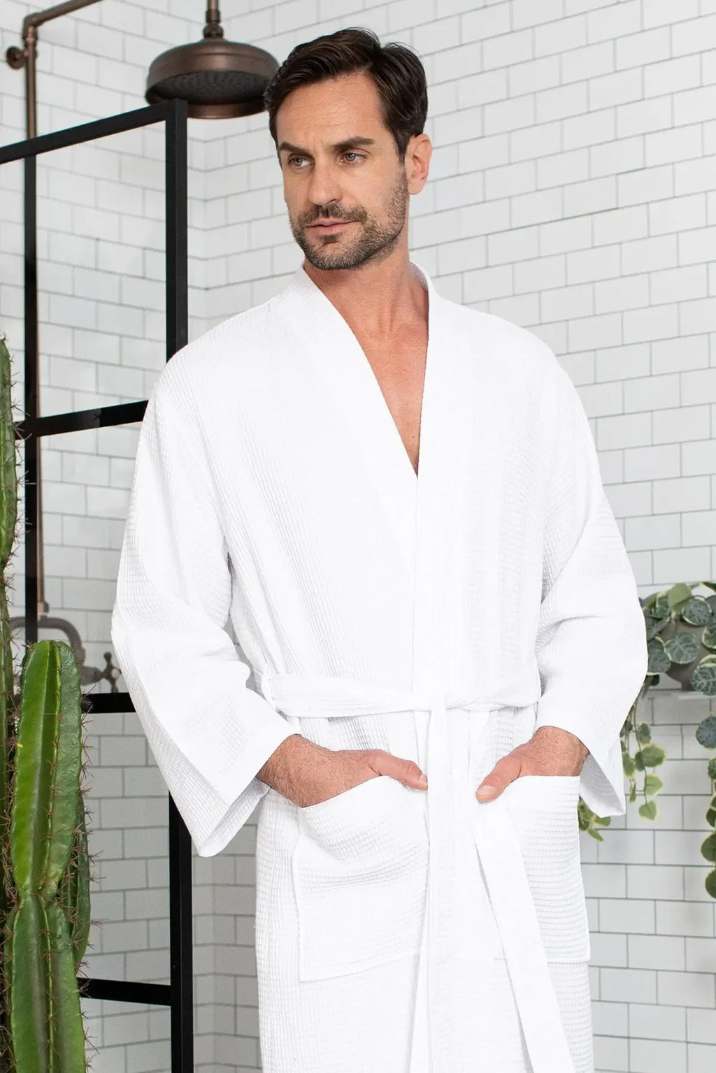 Men's Waffle Weave Kimono Robe — Lightweight Spa Bathrobe