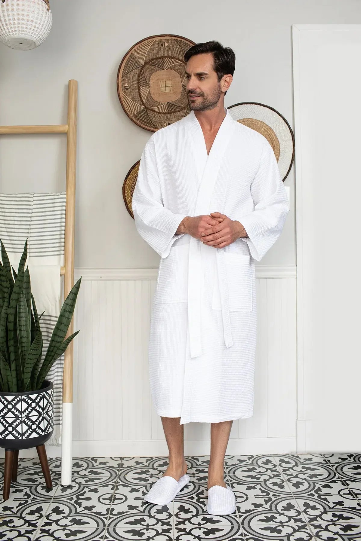 Men's Waffle Weave Kimono Robe — Lightweight Spa Bathrobe