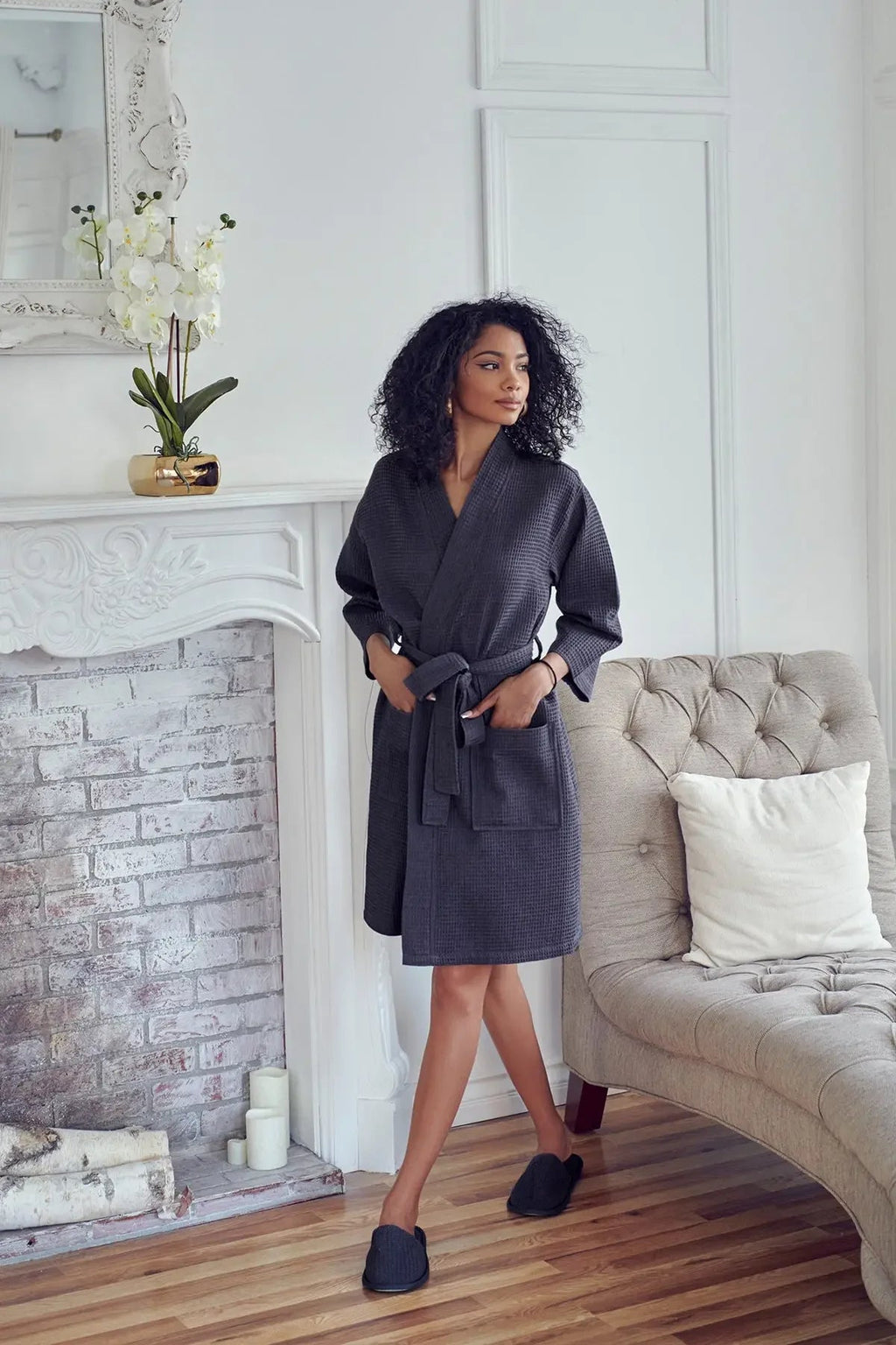 Women's Waffle Weave Cotton Robe — Knee-Length Spa Robe