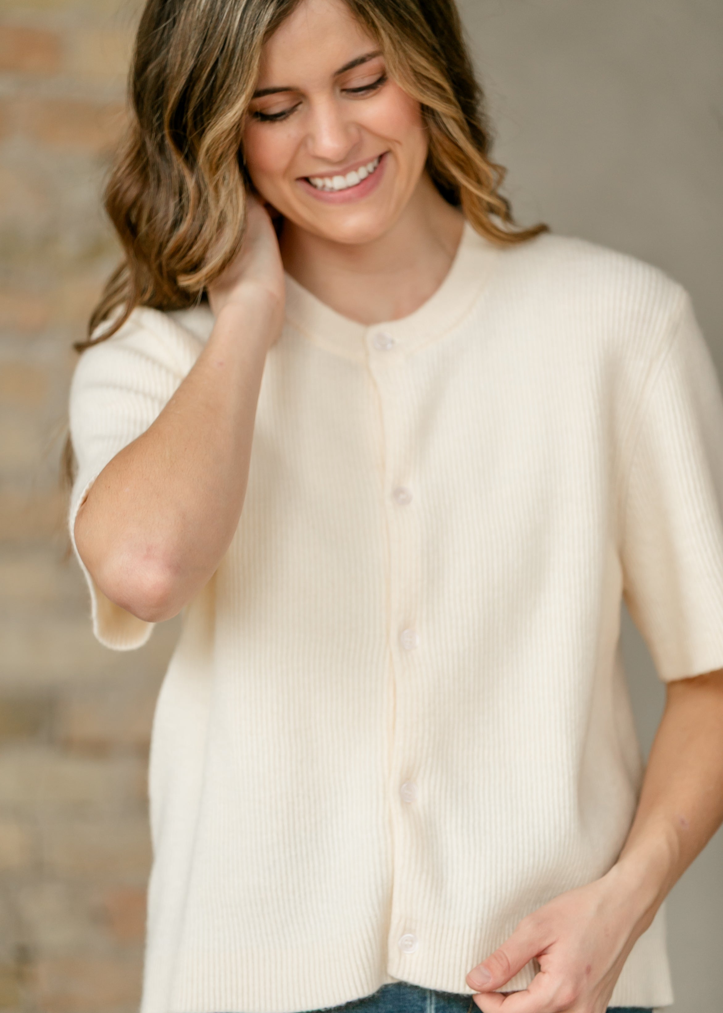 Inherit Co. Women's Oversized Short-Sleeve Button Cardigan — Ivory Cotton-Rayon