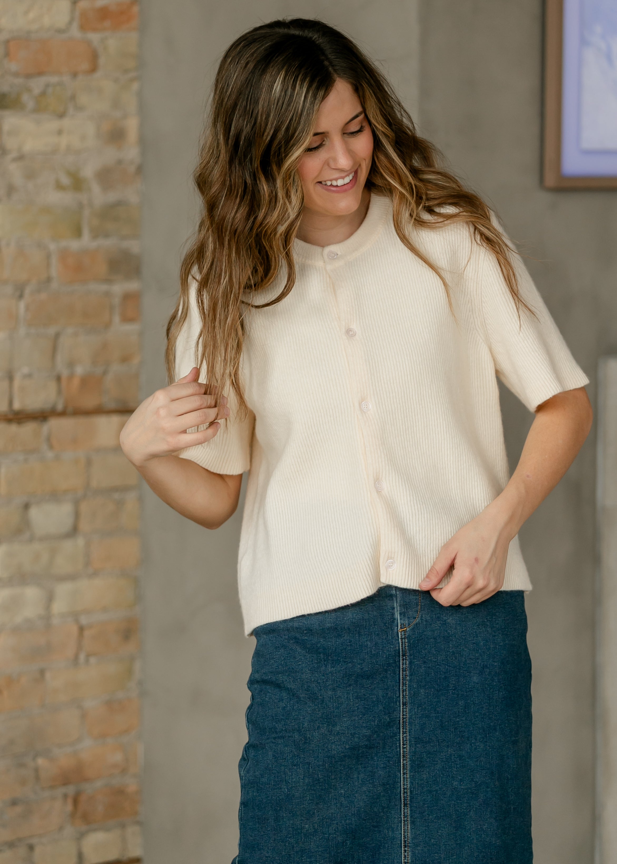 Inherit Co. Women's Oversized Short-Sleeve Button Cardigan — Ivory Cotton-Rayon