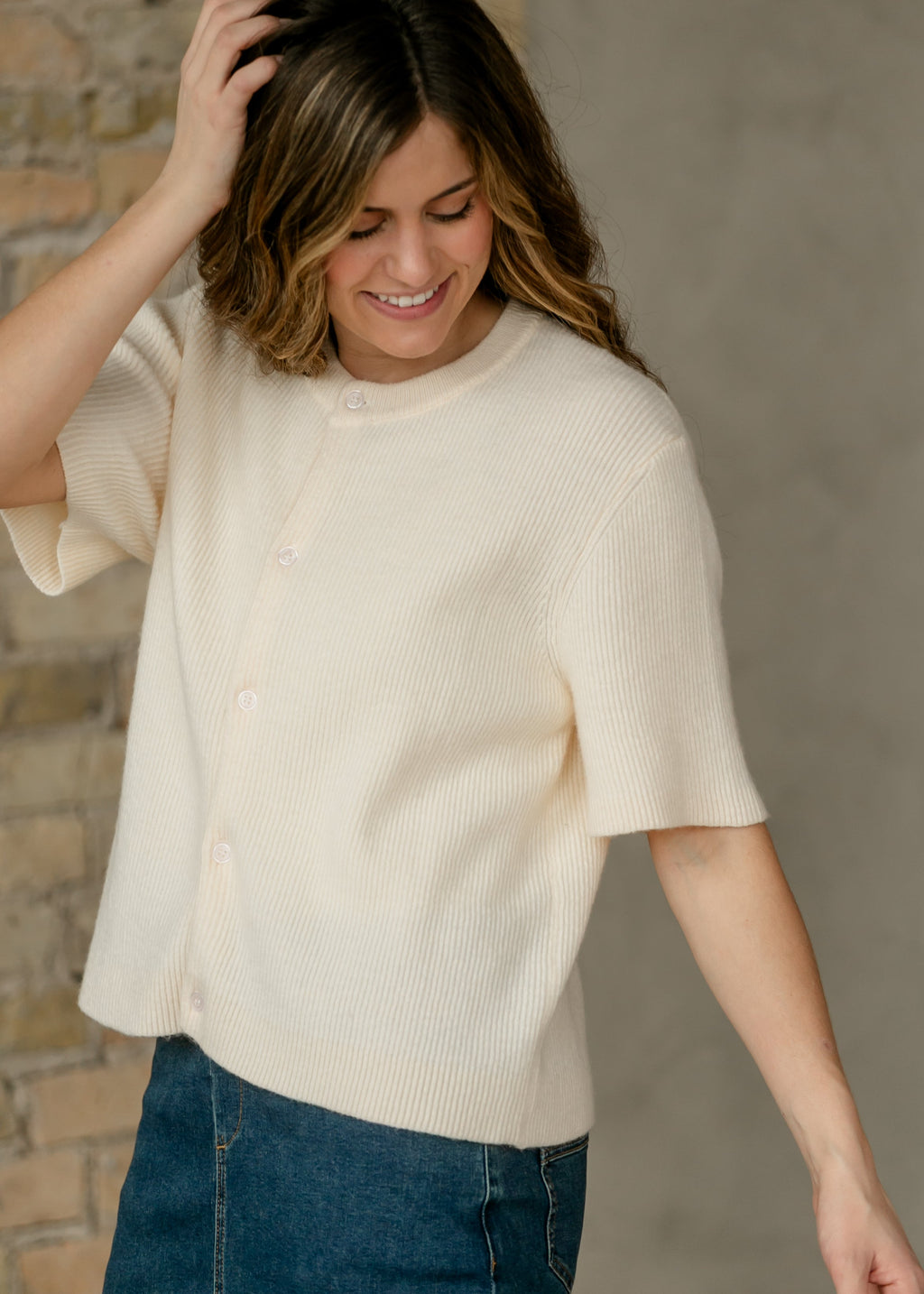 Inherit Co. Women's Oversized Short-Sleeve Button Cardigan — Ivory Cotton-Rayon