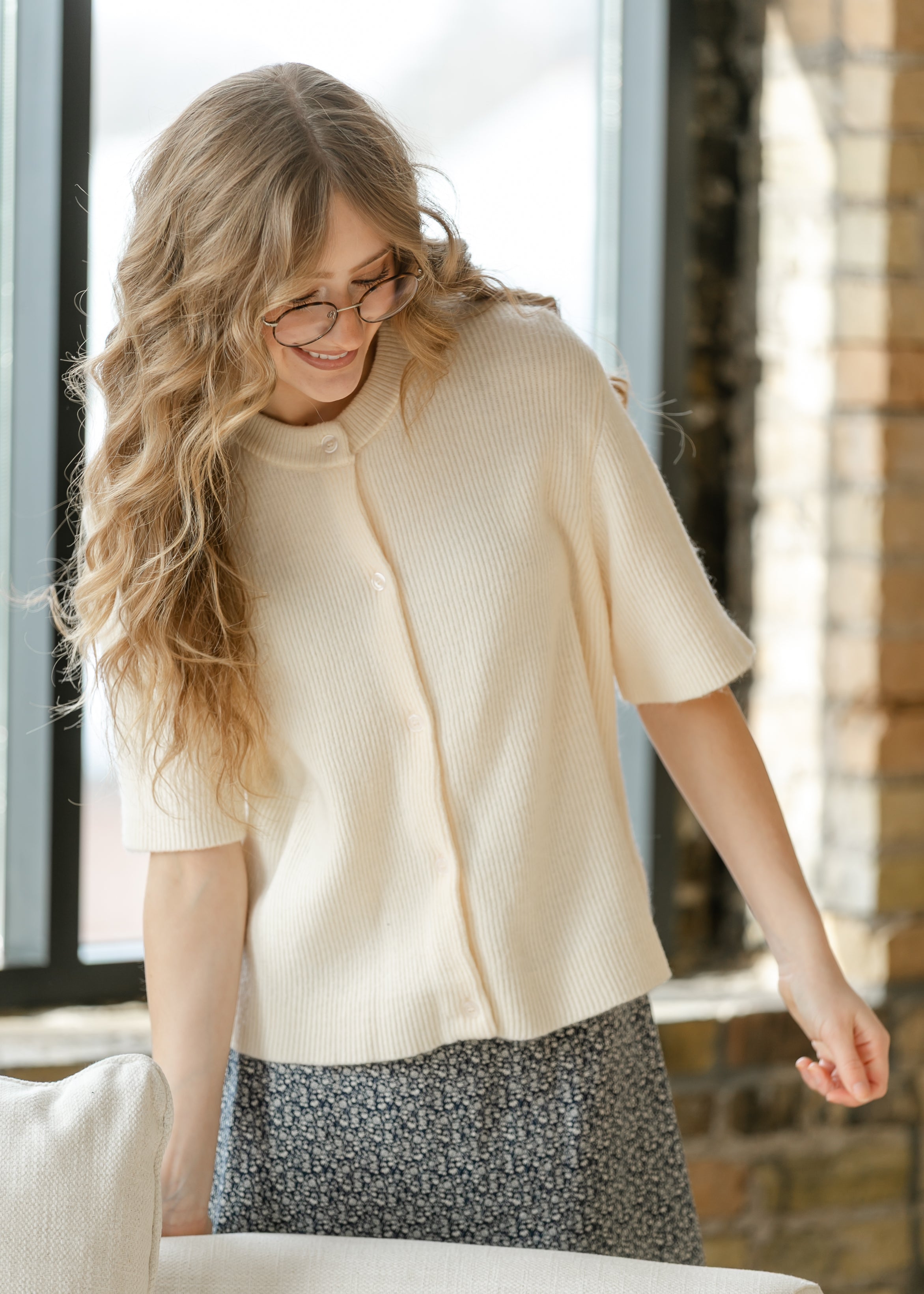 Inherit Co. Women's Oversized Short-Sleeve Button Cardigan — Ivory Cotton-Rayon