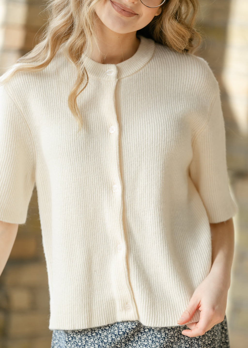 Inherit Co. Women's Oversized Short-Sleeve Button Cardigan — Ivory Cotton-Rayon